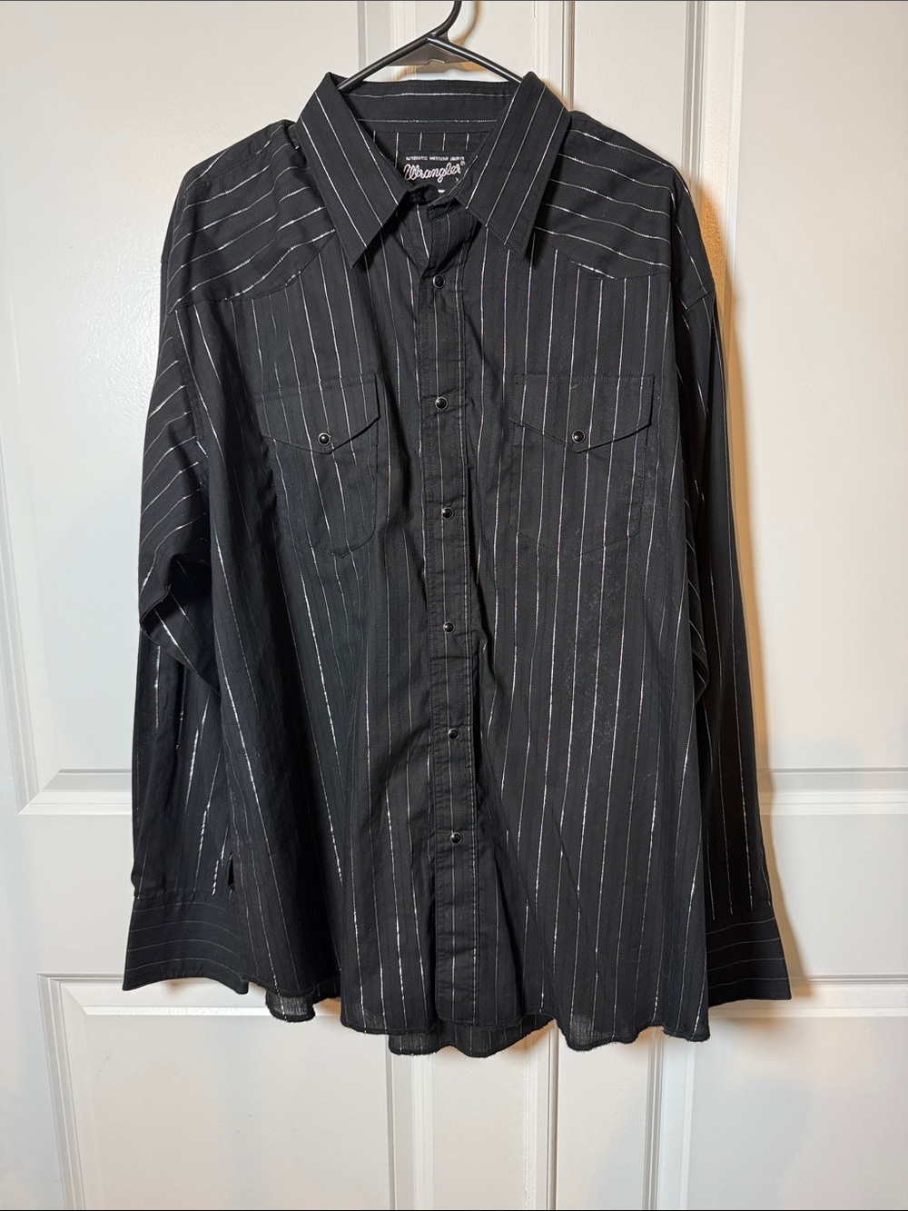 Wrangler Black Button-Down Shirt with Silver Pinstripes